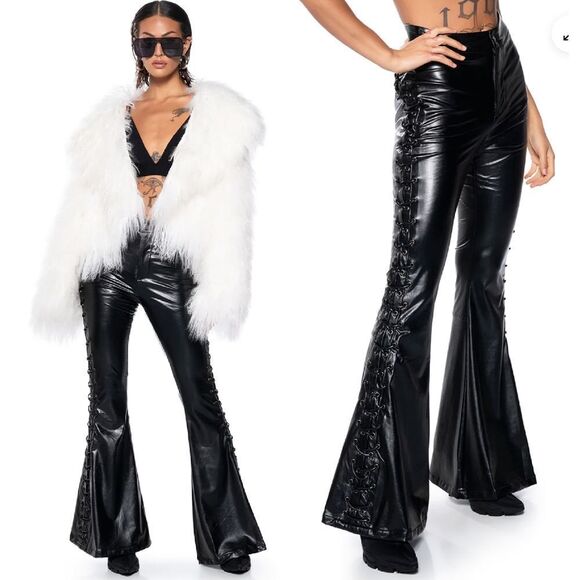 AKIRA Pants - AKIRA Black Perfect Control Faux Leather Lace Up Flare Pants LG *NO OFFERS*